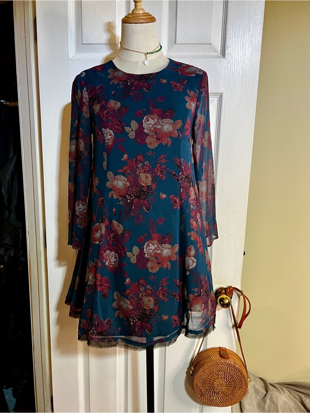 Kimchi Blue Wms Teal Floral Sheer Chiffon Lined Mini Retro Babydoll Dress XS
